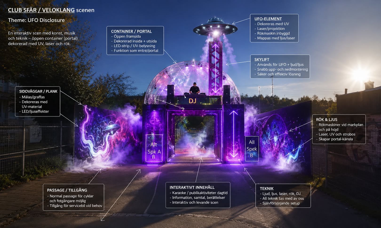 Concept illustration of the CLUB SFÄR and VELOKLANG UFO Disclosure container stage